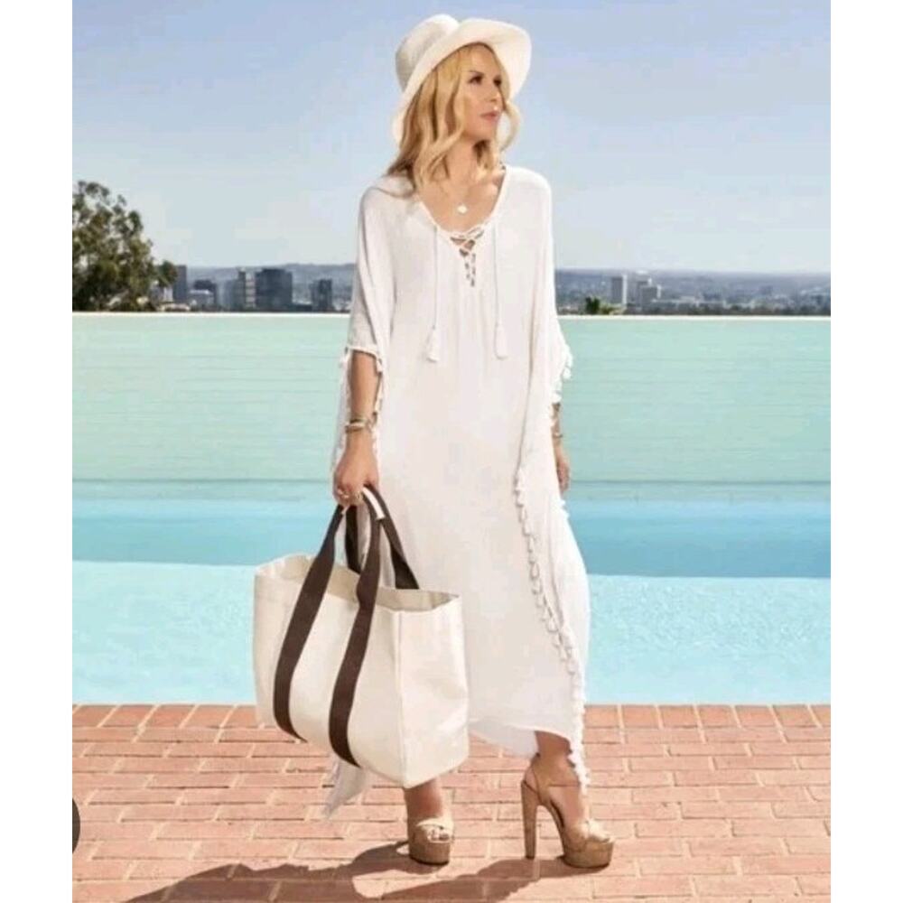 NWTGS WALTER BAKER Cover Up Acapulco Kaftan Swimsuit Dress Tassels White OS $198